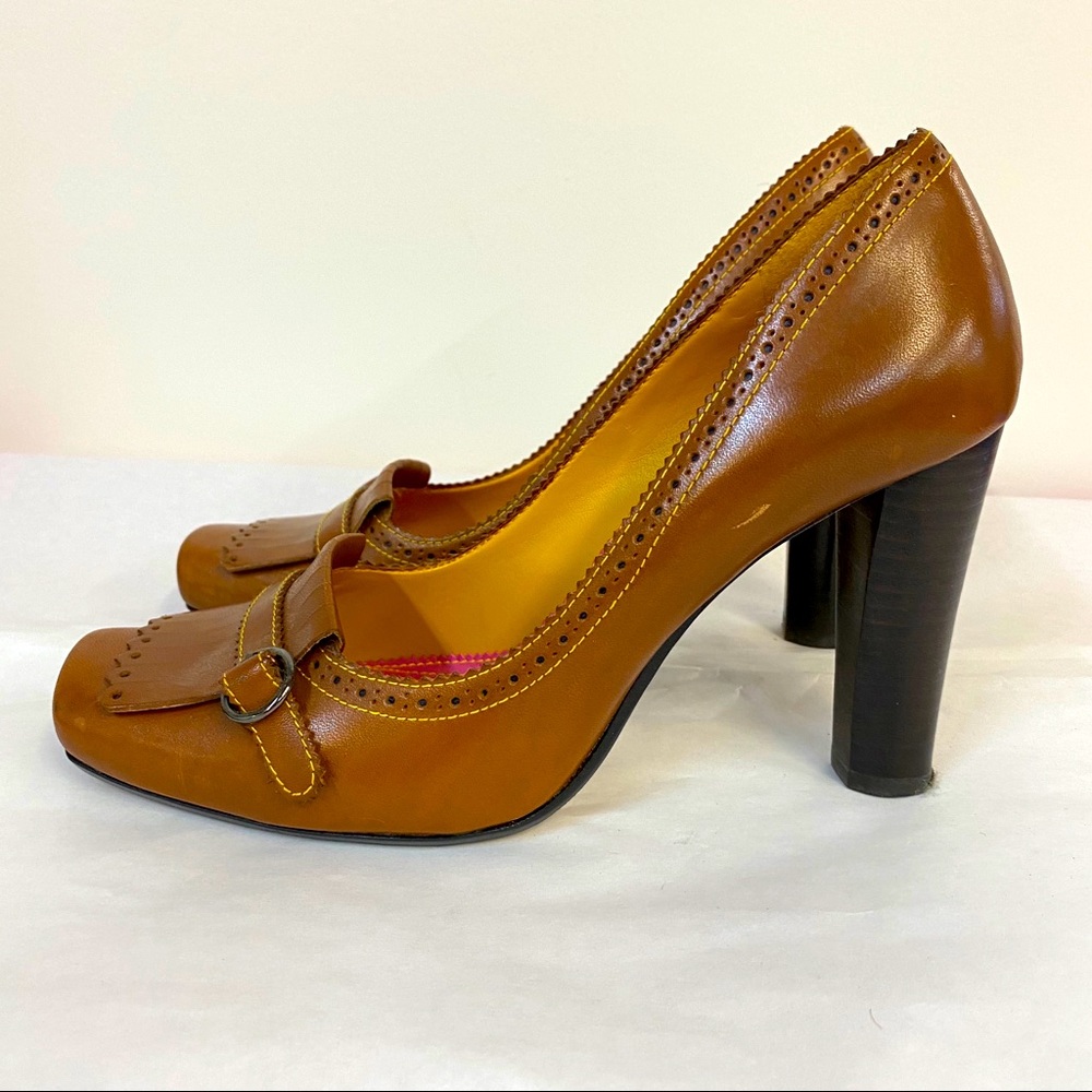 Nine West Brown w Pink Lining Fringed Heeled Slides Shoes